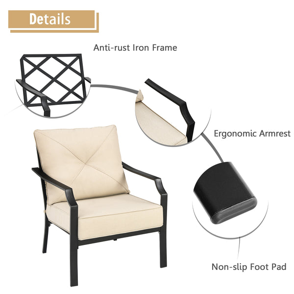This is the 2-piece patio chairs which will fit your outdoors perfectly. Â  There are 2 thickened and soft cushions for the widened seat and backrest in order to make you comfortable. The hook and loop fasteners prevent seat cushion from blowing away. Lik