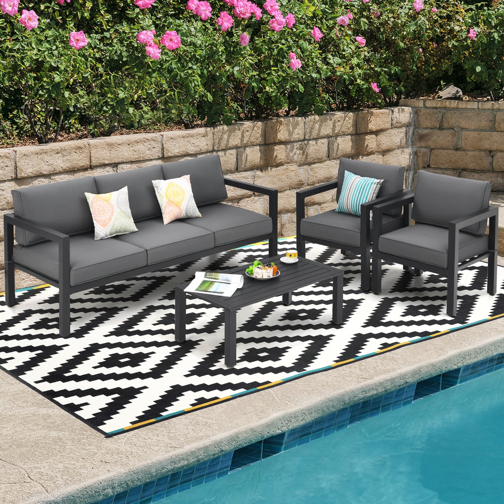This 4-piece patio furniture set makes a great addition to your outdoors! Â  Made of high-quality aluminum frame  this solid 4-piece outdoor furniture set is designed to withstand different weather conditions. Thanks to the sectional design  this patio co