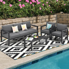 This 4-piece patio furniture set makes a great addition to your outdoors! Â  Made of high-quality aluminum frame  this solid 4-piece outdoor furniture set is designed to withstand different weather conditions. Thanks to the sectional design  this patio co