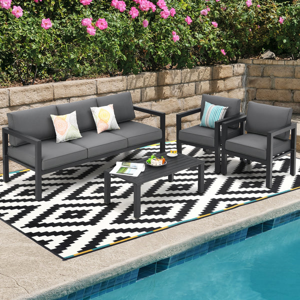 This 4-piece patio furniture set makes a great addition to your outdoors! Â  Made of high-quality aluminum frame  this solid 4-piece outdoor furniture set is designed to withstand different weather conditions. Thanks to the sectional design  this patio co