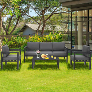 This 4-piece patio furniture set makes a great addition to your outdoors! Â  Made of high-quality aluminum frame  this solid 4-piece outdoor furniture set is designed to withstand different weather conditions. Thanks to the sectional design  this patio co