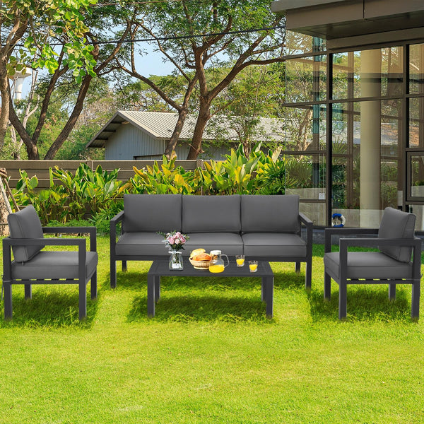 This 4-piece patio furniture set makes a great addition to your outdoors! Â  Made of high-quality aluminum frame  this solid 4-piece outdoor furniture set is designed to withstand different weather conditions. Thanks to the sectional design  this patio co