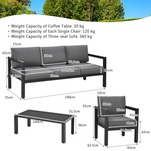 This 4-piece patio furniture set makes a great addition to your outdoors! Â  Made of high-quality aluminum frame  this solid 4-piece outdoor furniture set is designed to withstand different weather conditions. Thanks to the sectional design  this patio co
