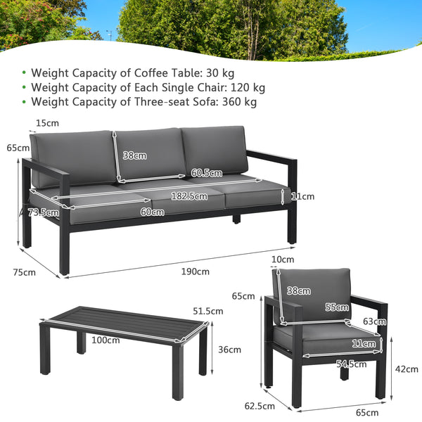 This 4-piece patio furniture set makes a great addition to your outdoors! Â  Made of high-quality aluminum frame  this solid 4-piece outdoor furniture set is designed to withstand different weather conditions. Thanks to the sectional design  this patio co