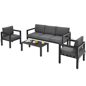 This 4-piece patio furniture set makes a great addition to your outdoors! Â  Made of high-quality aluminum frame  this solid 4-piece outdoor furniture set is designed to withstand different weather conditions. Thanks to the sectional design  this patio co