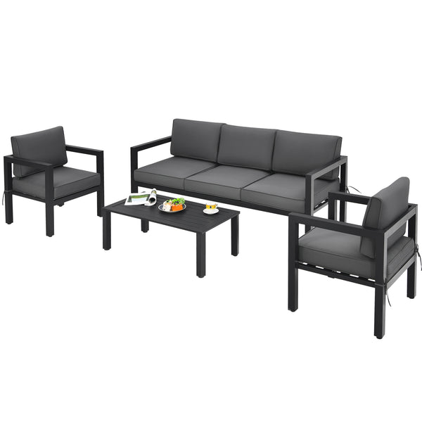 This 4-piece patio furniture set makes a great addition to your outdoors! Â  Made of high-quality aluminum frame  this solid 4-piece outdoor furniture set is designed to withstand different weather conditions. Thanks to the sectional design  this patio co