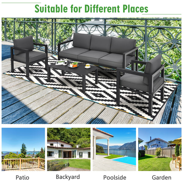 This 4-piece patio furniture set makes a great addition to your outdoors! Â  Made of high-quality aluminum frame  this solid 4-piece outdoor furniture set is designed to withstand different weather conditions. Thanks to the sectional design  this patio co