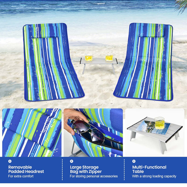 The beach chairs and table can be folded in seconds <br>Suitable for beach  camping  patio  backyard  and garden <br>The table allows you to enjoy drinks and food within reach <br>Equipped with shoulder straps and a carry bag  easy to transport <br>The ba