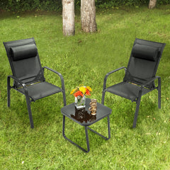 This 3-piece patio bistro set has stackable chair and tempered glass top table. Â  Designed with modern style and compact size  this outdoor conversation set not only brings out the perfect taste of life but also fits the limited places  such as patio  po