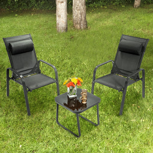 This 3-piece patio bistro set has stackable chair and tempered glass top table. Â  Designed with modern style and compact size  this outdoor conversation set not only brings out the perfect taste of life but also fits the limited places  such as patio  po