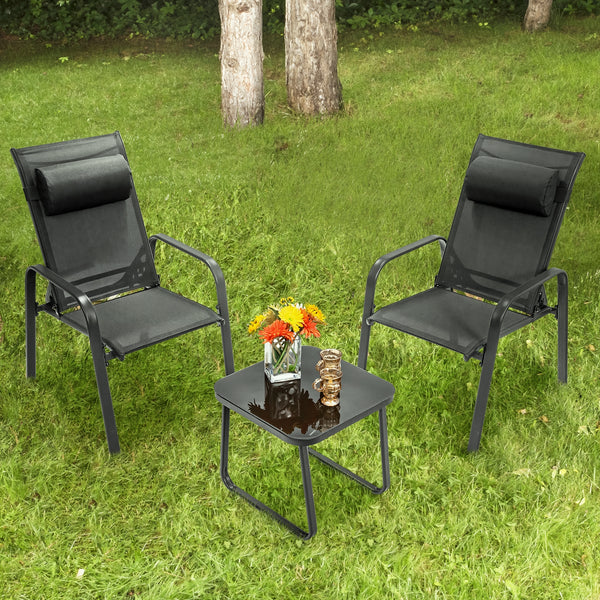 This 3-piece patio bistro set has stackable chair and tempered glass top table. Â  Designed with modern style and compact size  this outdoor conversation set not only brings out the perfect taste of life but also fits the limited places  such as patio  po