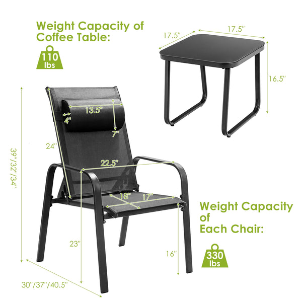This 3-piece patio bistro set has stackable chair and tempered glass top table. Â  Designed with modern style and compact size  this outdoor conversation set not only brings out the perfect taste of life but also fits the limited places  such as patio  po