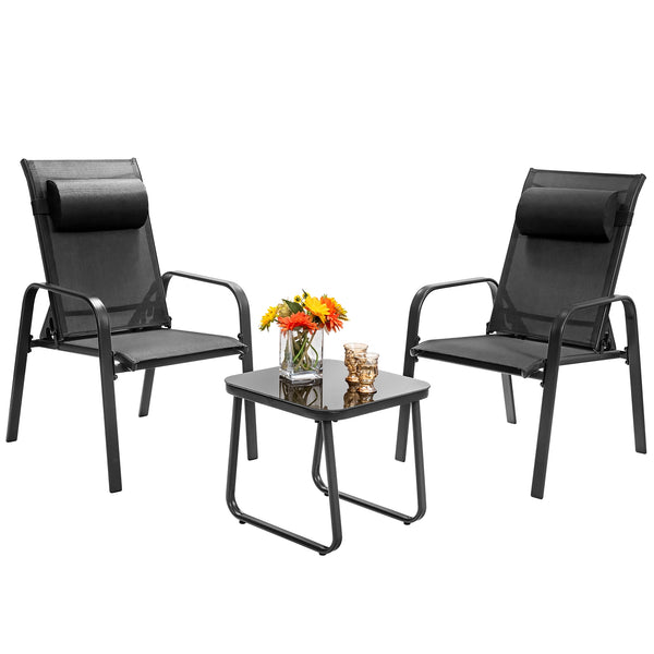 This 3-piece patio bistro set has stackable chair and tempered glass top table. Â  Designed with modern style and compact size  this outdoor conversation set not only brings out the perfect taste of life but also fits the limited places  such as patio  po