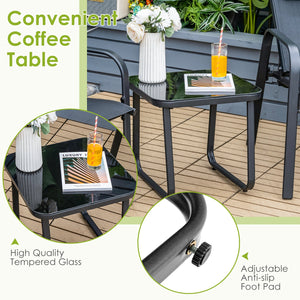 This 3-piece patio bistro set has stackable chair and tempered glass top table. Â  Designed with modern style and compact size  this outdoor conversation set not only brings out the perfect taste of life but also fits the limited places  such as patio  po