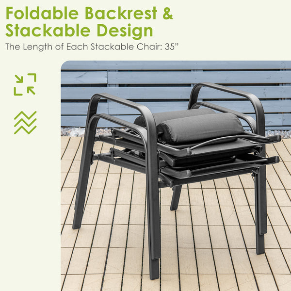 This 3-piece patio bistro set has stackable chair and tempered glass top table. Â  Designed with modern style and compact size  this outdoor conversation set not only brings out the perfect taste of life but also fits the limited places  such as patio  po