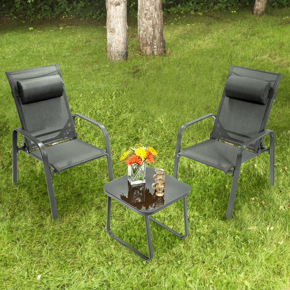 This 3-piece patio bistro set has stackable chair and tempered glass top table. Â  Designed with modern style and compact size  this outdoor conversation set not only brings out the perfect taste of life but also fits the limited places  such as patio  po