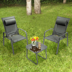 This 3-piece patio bistro set has stackable chair and tempered glass top table. Â  Designed with modern style and compact size  this outdoor conversation set not only brings out the perfect taste of life but also fits the limited places  such as patio  po