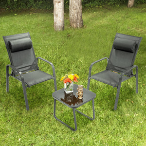 This 3-piece patio bistro set has stackable chair and tempered glass top table. Â  Designed with modern style and compact size  this outdoor conversation set not only brings out the perfect taste of life but also fits the limited places  such as patio  po
