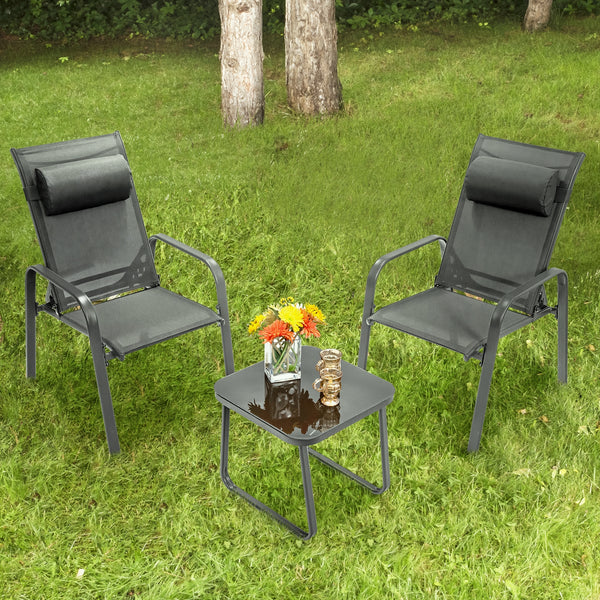 This 3-piece patio bistro set has stackable chair and tempered glass top table. Â  Designed with modern style and compact size  this outdoor conversation set not only brings out the perfect taste of life but also fits the limited places  such as patio  po