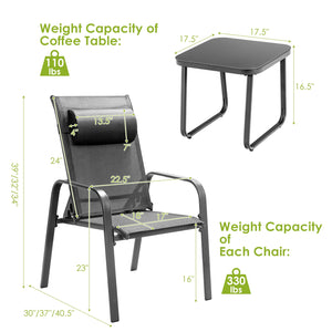 This 3-piece patio bistro set has stackable chair and tempered glass top table. Â  Designed with modern style and compact size  this outdoor conversation set not only brings out the perfect taste of life but also fits the limited places  such as patio  po