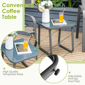 This 3-piece patio bistro set has stackable chair and tempered glass top table. Â  Designed with modern style and compact size  this outdoor conversation set not only brings out the perfect taste of life but also fits the limited places  such as patio  po