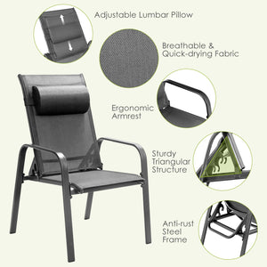 This 3-piece patio bistro set has stackable chair and tempered glass top table. Â  Designed with modern style and compact size  this outdoor conversation set not only brings out the perfect taste of life but also fits the limited places  such as patio  po