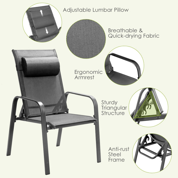 This 3-piece patio bistro set has stackable chair and tempered glass top table. Â  Designed with modern style and compact size  this outdoor conversation set not only brings out the perfect taste of life but also fits the limited places  such as patio  po