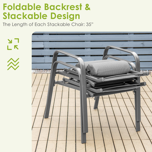This 3-piece patio bistro set has stackable chair and tempered glass top table. Â  Designed with modern style and compact size  this outdoor conversation set not only brings out the perfect taste of life but also fits the limited places  such as patio  po