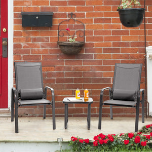 This 3-piece patio bistro set has stackable chair and tempered glass top table. Â  Designed with modern style and compact size  this outdoor conversation set not only brings out the perfect taste of life but also fits the limited places  such as patio  po