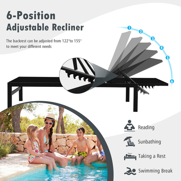 Lightweight and rustproof aluminium frame can stand the test of time<br>Premium fabric is quick-drying  breathable and durable<br>6-position adjustable recliner allows you to set a desired angle<br>This chaise lounge chair can be used completely flat<br>A