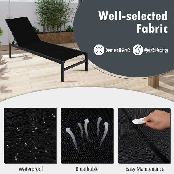Lightweight and rustproof aluminium frame can stand the test of time<br>Premium fabric is quick-drying  breathable and durable<br>6-position adjustable recliner allows you to set a desired angle<br>This chaise lounge chair can be used completely flat<br>A