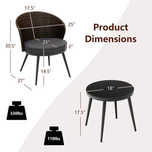 This 3-piece patio bistro set will create a comfortable relaxing space for you and your friend. Â  Designed with curved backrest and equipped with soft cushions  the chairs are ultra-comfortable to sit  effectively keeping you away from fatigue and stress