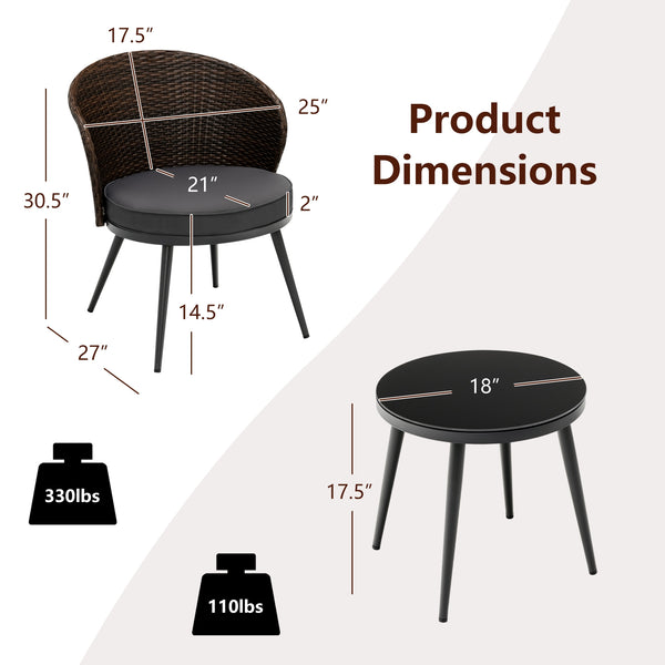 This 3-piece patio bistro set will create a comfortable relaxing space for you and your friend. Â  Designed with curved backrest and equipped with soft cushions  the chairs are ultra-comfortable to sit  effectively keeping you away from fatigue and stress