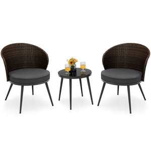 This 3-piece patio bistro set will create a comfortable relaxing space for you and your friend. Â  Designed with curved backrest and equipped with soft cushions  the chairs are ultra-comfortable to sit  effectively keeping you away from fatigue and stress