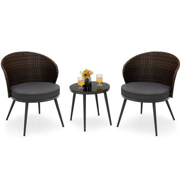 This 3-piece patio bistro set will create a comfortable relaxing space for you and your friend. Â  Designed with curved backrest and equipped with soft cushions  the chairs are ultra-comfortable to sit  effectively keeping you away from fatigue and stress