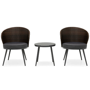 This 3-piece patio bistro set will create a comfortable relaxing space for you and your friend. Â  Designed with curved backrest and equipped with soft cushions  the chairs are ultra-comfortable to sit  effectively keeping you away from fatigue and stress