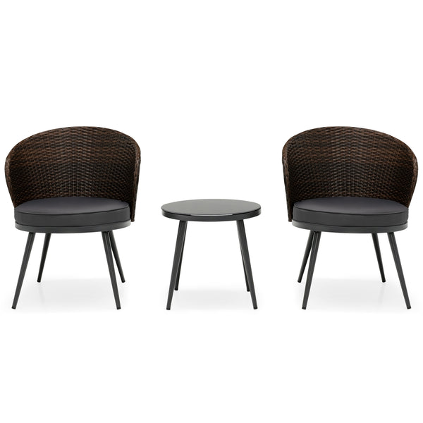 This 3-piece patio bistro set will create a comfortable relaxing space for you and your friend. Â  Designed with curved backrest and equipped with soft cushions  the chairs are ultra-comfortable to sit  effectively keeping you away from fatigue and stress