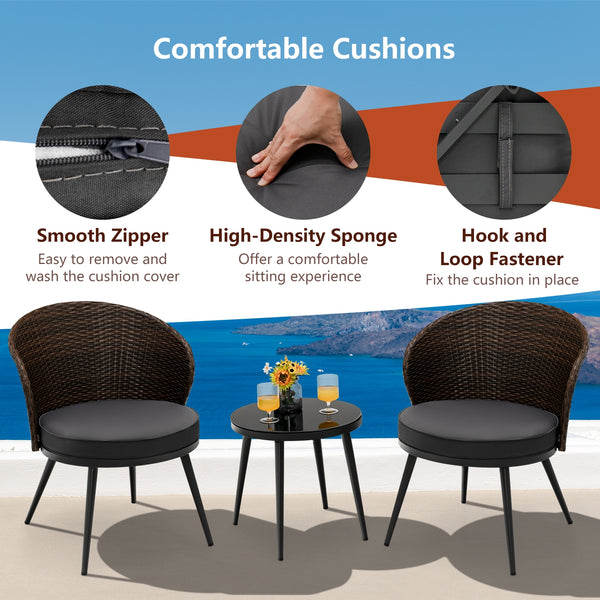 This 3-piece patio bistro set will create a comfortable relaxing space for you and your friend. Â  Designed with curved backrest and equipped with soft cushions  the chairs are ultra-comfortable to sit  effectively keeping you away from fatigue and stress