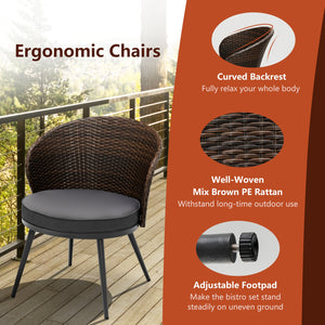 This 3-piece patio bistro set will create a comfortable relaxing space for you and your friend. Â  Designed with curved backrest and equipped with soft cushions  the chairs are ultra-comfortable to sit  effectively keeping you away from fatigue and stress
