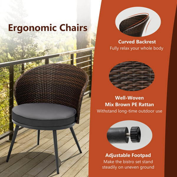 This 3-piece patio bistro set will create a comfortable relaxing space for you and your friend. Â  Designed with curved backrest and equipped with soft cushions  the chairs are ultra-comfortable to sit  effectively keeping you away from fatigue and stress