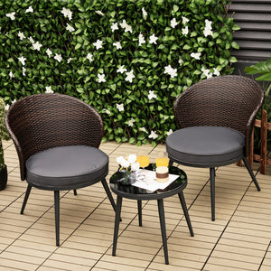 This 3-piece patio bistro set will create a comfortable relaxing space for you and your friend. Â  Designed with curved backrest and equipped with soft cushions  the chairs are ultra-comfortable to sit  effectively keeping you away from fatigue and stress