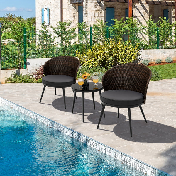 This 3-piece patio bistro set will create a comfortable relaxing space for you and your friend. Â  Designed with curved backrest and equipped with soft cushions  the chairs are ultra-comfortable to sit  effectively keeping you away from fatigue and stress