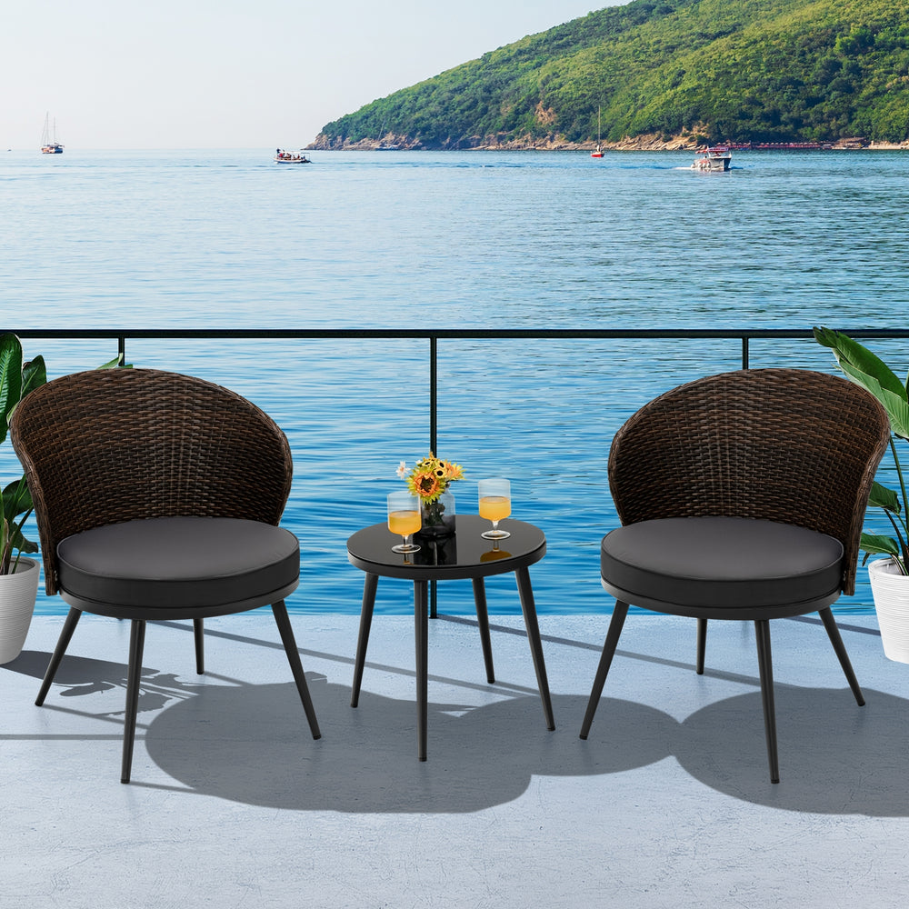 This 3-piece patio bistro set will create a comfortable relaxing space for you and your friend. Â  Designed with curved backrest and equipped with soft cushions  the chairs are ultra-comfortable to sit  effectively keeping you away from fatigue and stress