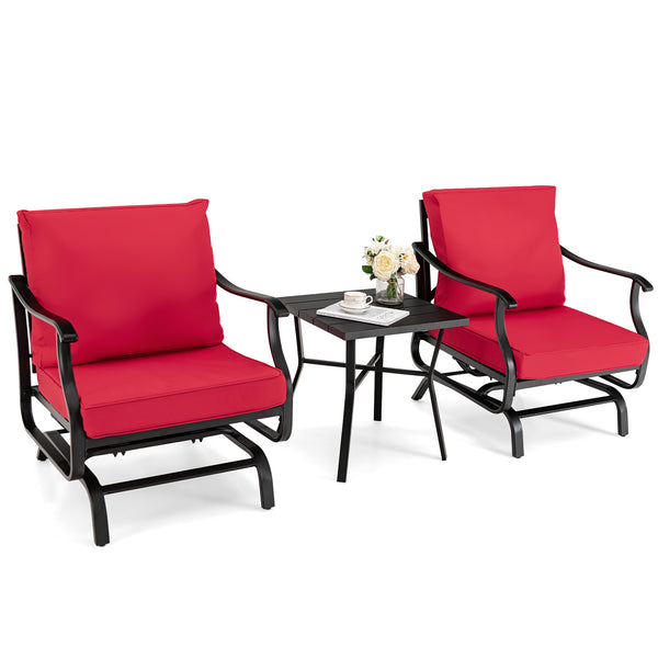 Spend unforgettable outdoor time with your friend on this 3-piece patio glider chair set! Â  Featuring gentle rocking motion and an ergonomic seat  the two glider chairs will make you fully relaxed. The seat and back cushions filled with a high-density sp