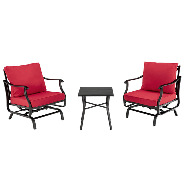 Spend unforgettable outdoor time with your friend on this 3-piece patio glider chair set! Â  Featuring gentle rocking motion and an ergonomic seat  the two glider chairs will make you fully relaxed. The seat and back cushions filled with a high-density sp