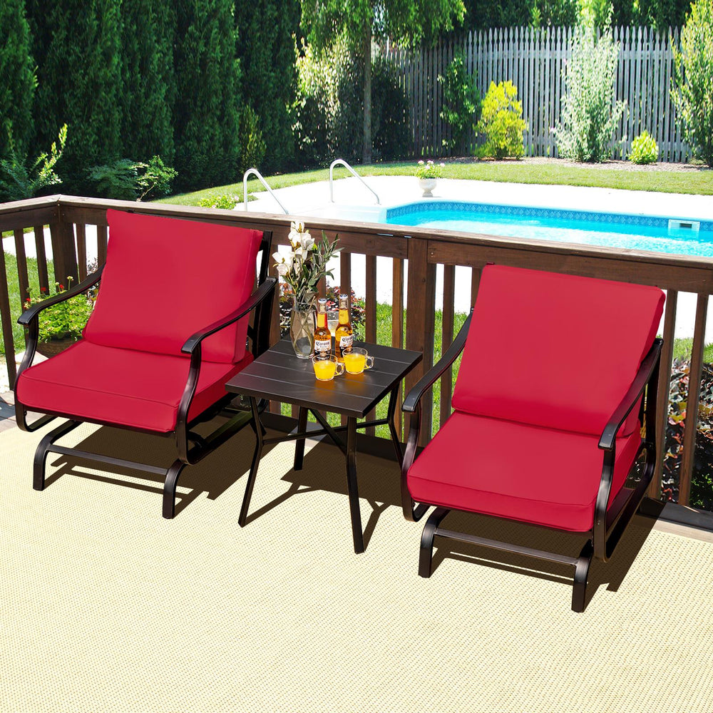 Spend unforgettable outdoor time with your friend on this 3-piece patio glider chair set! Â  Featuring gentle rocking motion and an ergonomic seat  the two glider chairs will make you fully relaxed. The seat and back cushions filled with a high-density sp