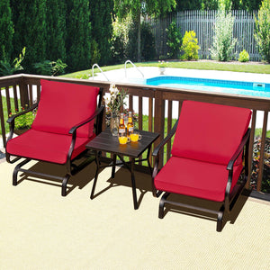 Spend unforgettable outdoor time with your friend on this 3-piece patio glider chair set! Â  Featuring gentle rocking motion and an ergonomic seat  the two glider chairs will make you fully relaxed. The seat and back cushions filled with a high-density sp