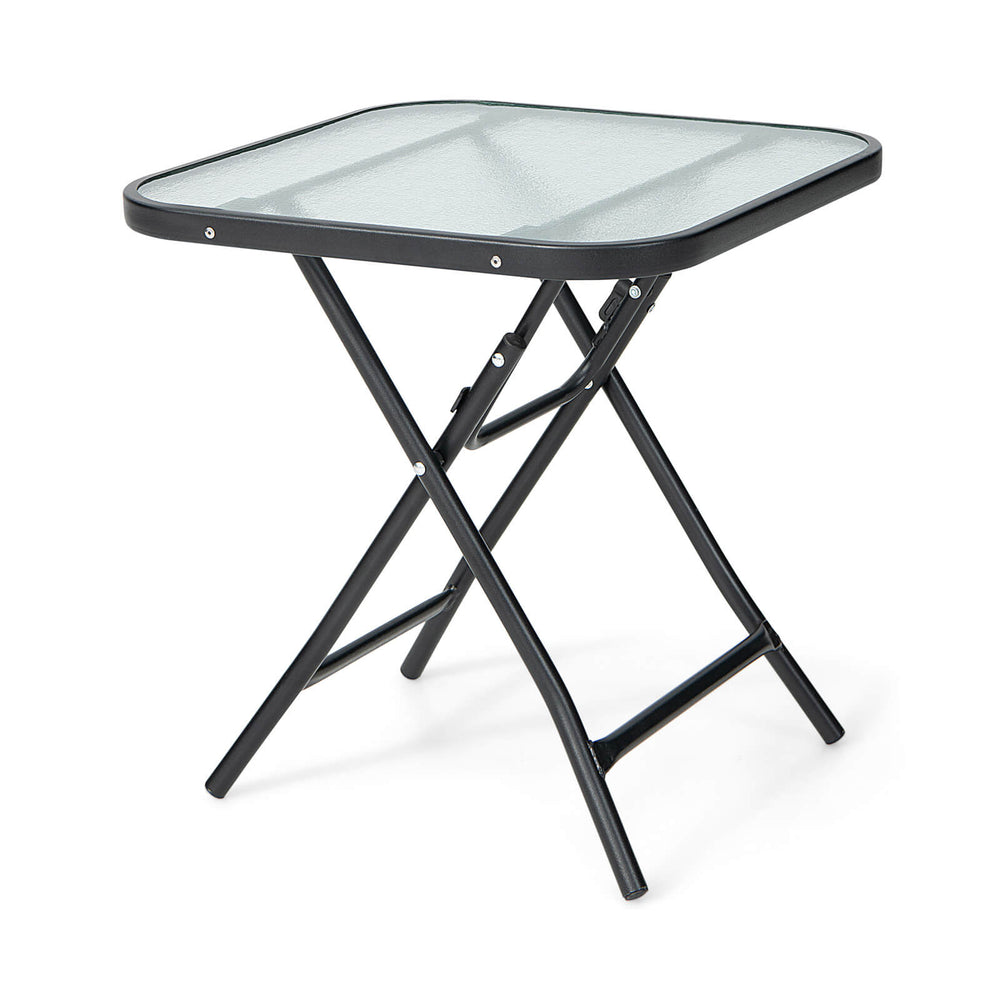 Sturdy steel frame with a rustproof finish is ideal for outdoor use<br>The high quality tempered glass tabletop ensures durability<br>Compact tabletop keeps your daily items within reach<br>The patio side table can be folded in the corner when not use<br>