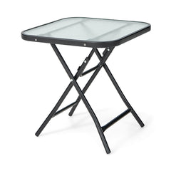 Sturdy steel frame with a rustproof finish is ideal for outdoor use<br>The high quality tempered glass tabletop ensures durability<br>Compact tabletop keeps your daily items within reach<br>The patio side table can be folded in the corner when not use<br>