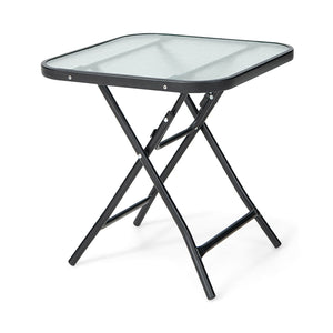 Sturdy steel frame with a rustproof finish is ideal for outdoor use<br>The high quality tempered glass tabletop ensures durability<br>Compact tabletop keeps your daily items within reach<br>The patio side table can be folded in the corner when not use<br>